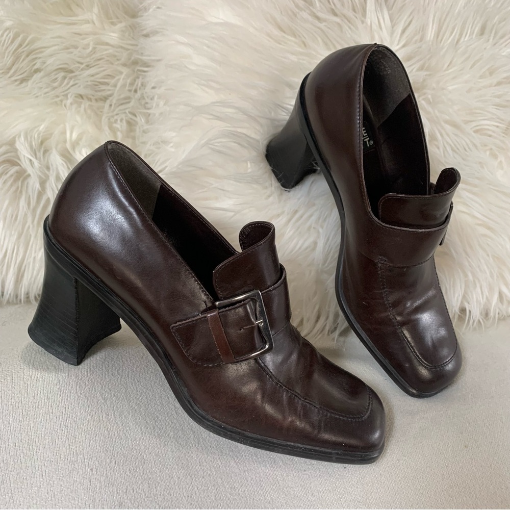 Vintage Nine West Brixton Brown Buckle Loafer Fluted Block Heel Pumps